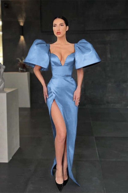 Charming Mermaid Royal Blue V Neck Pleated Long Prom Dress With High Split