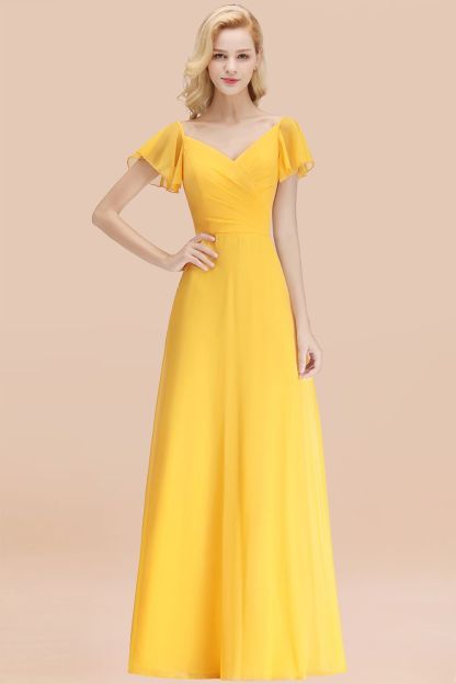 BMbridal Elegent Short-Sleeve Long Bridesmaid Dress Online Yellow Chiffon Wedding Party Dress-BMbridal