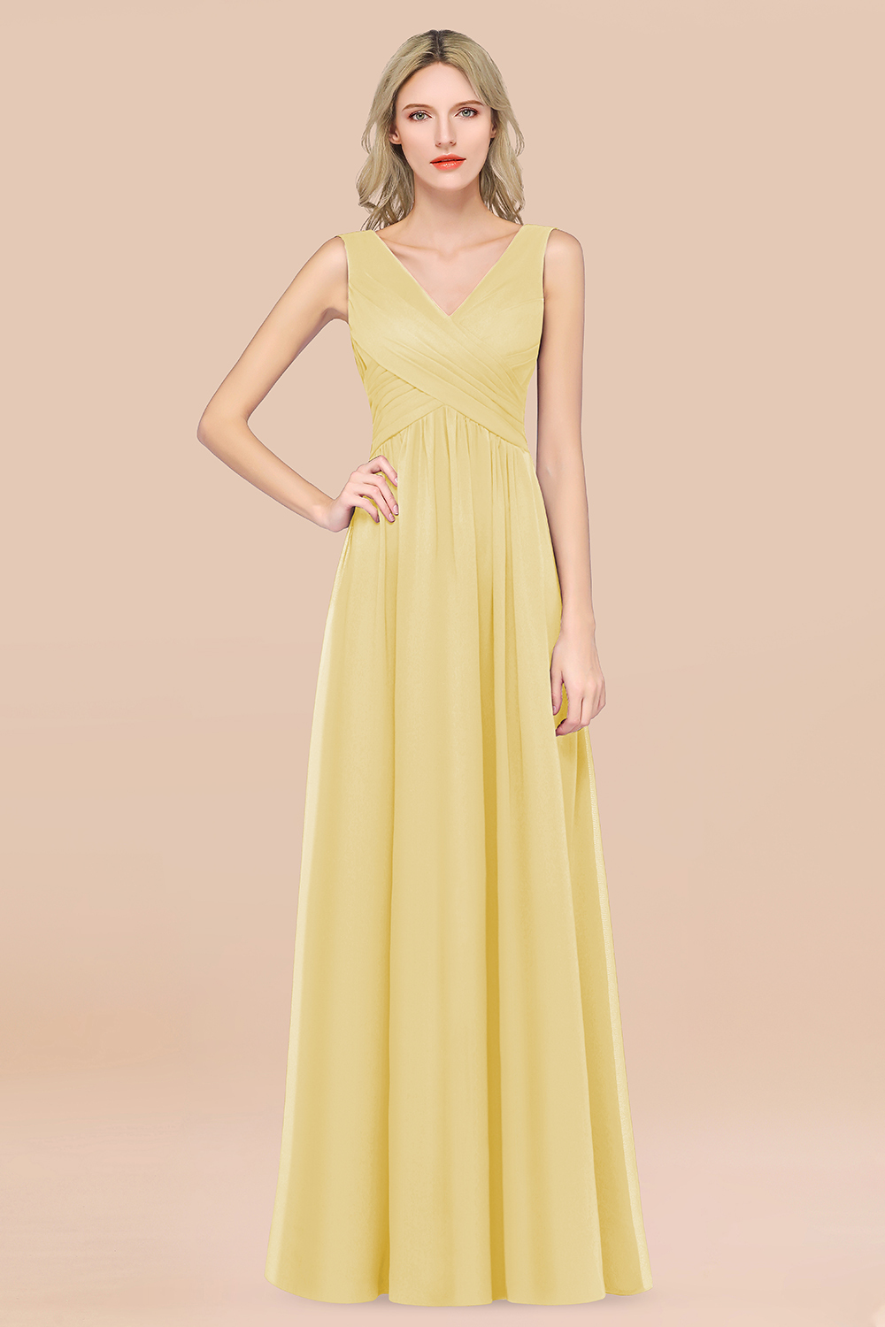 BMbridal Glamorous Chiffon V-Neck Sleeveless Burgundy Bridesmaid Dress with Draped Back-BMbridal