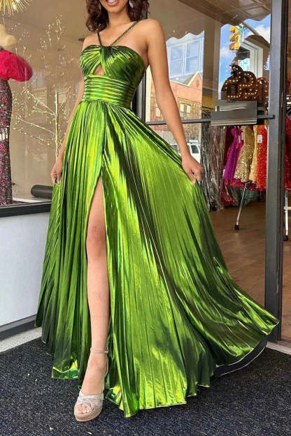 Sparkly A Line Halter Neck Gold Long Prom Dress with Keyhole Slit