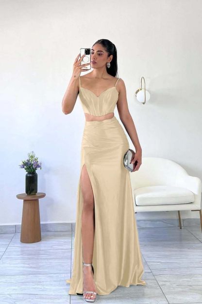 Spaghetti Strap Sleeveless Mermaid Long Prom Dress With Split