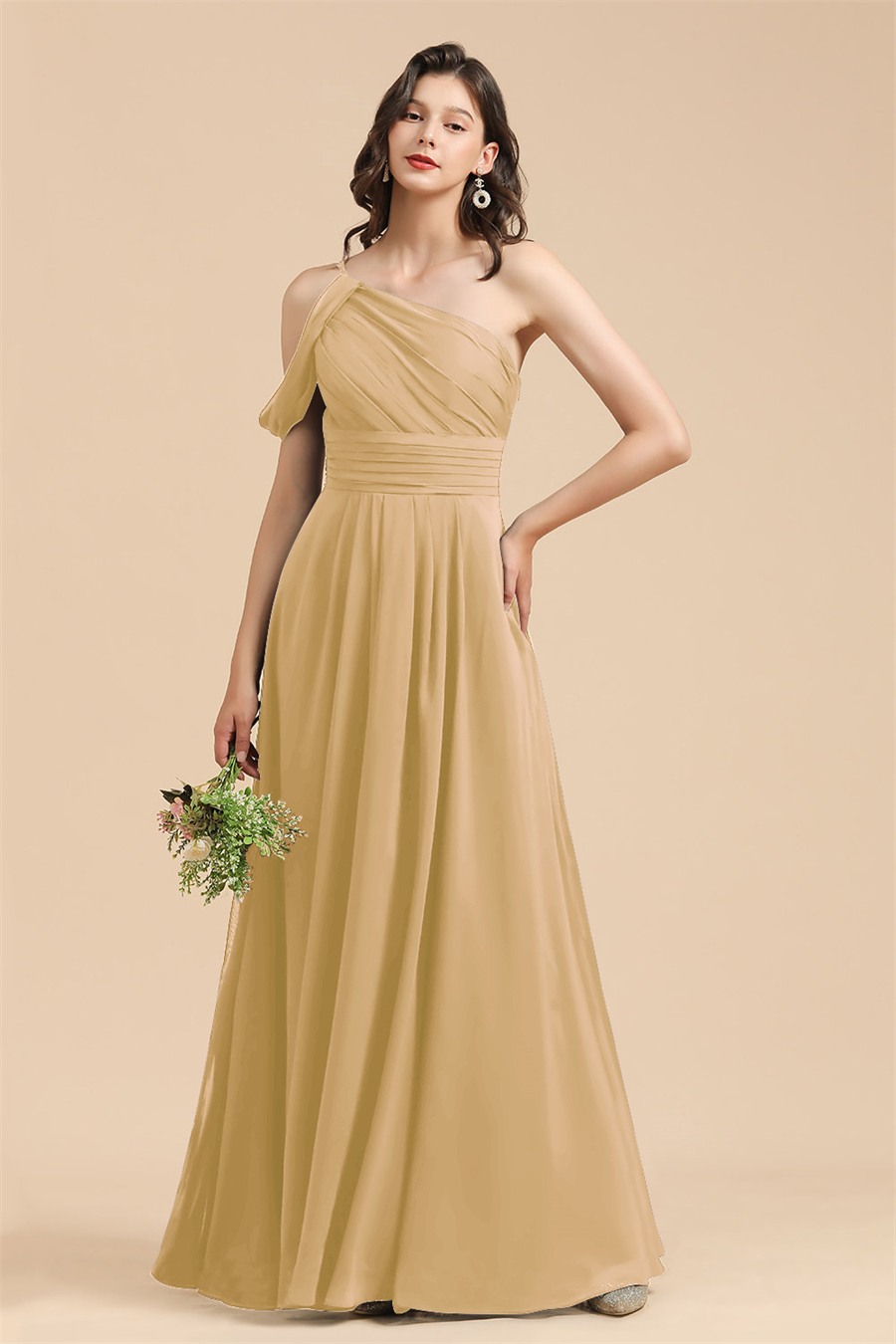 New Arrival Black One Shoulder A-line Long Bridesmaid Dress-BMbridal