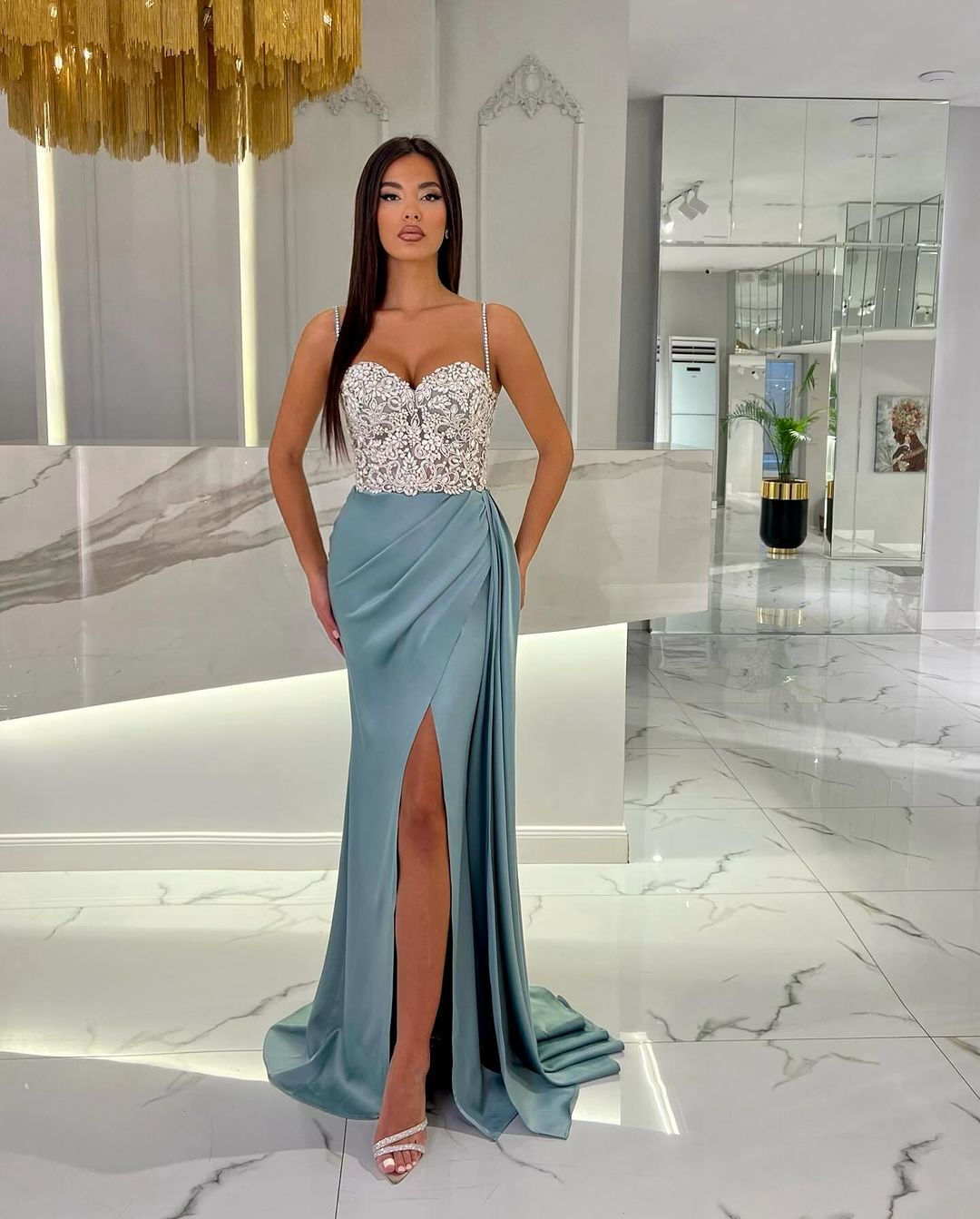 Prom Dress Baby Blue With High Slit Spaghetti Strap Sweetheart Appliques