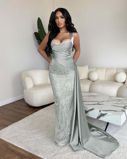 Straps Sweetheart Sleeveless Long Mermaid Prom Dress With Sequins