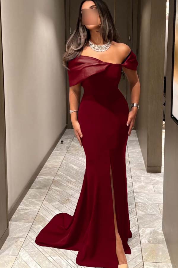 Off the Shoulder Sleeveless Long Mermaid Prom Dress With Pleated