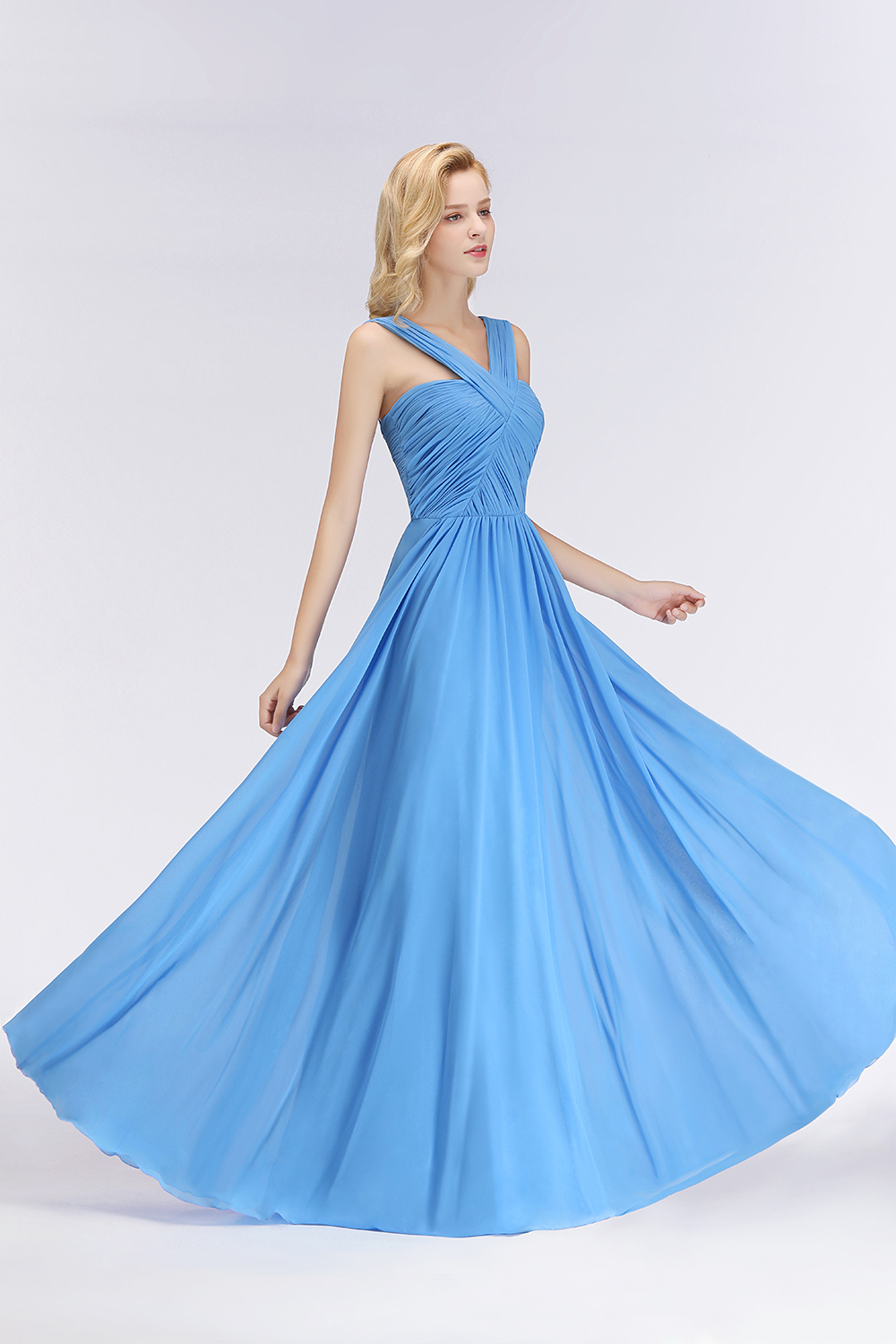 BMbridal Chic Crisscross Ocean Blue Junior Bridesmaid Dresses Affordable Chiffon Ruffle Maid of Honor Dresses-BMbridal
