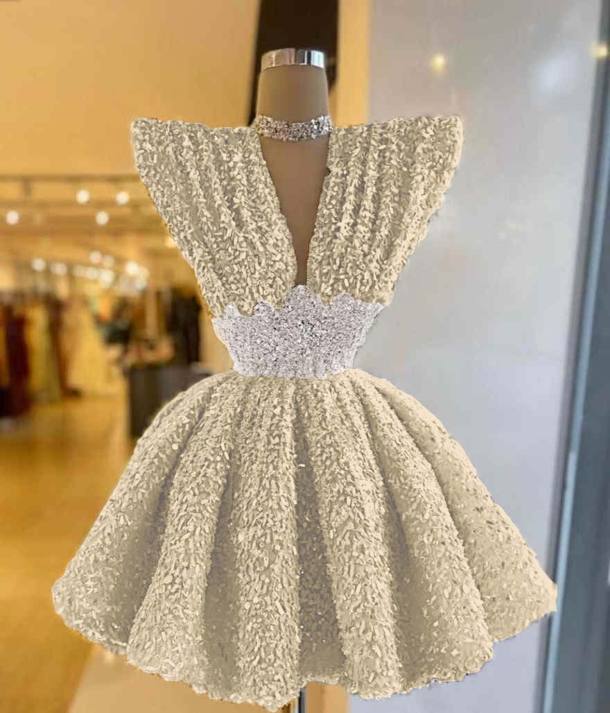 V Neck Sleeveless A Line Short Prom Dress With Pleated Sequins