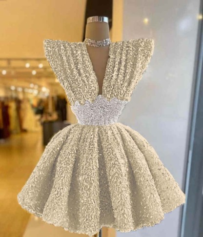 V Neck Sleeveless A Line Short Prom Dress With Pleated Sequins