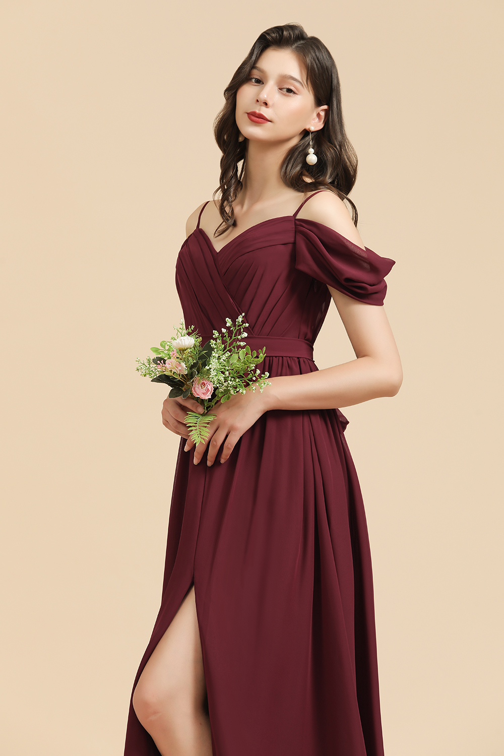 Off-the-Shoulder Sweetheart Burgundy Long Bridesmaid Dress With Slit-BMbridal
