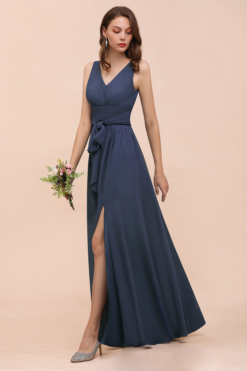 BMbridal Affordable V-Neck Chiffon Long Stormy Bridesmaid Dress With Slit-BMbridal