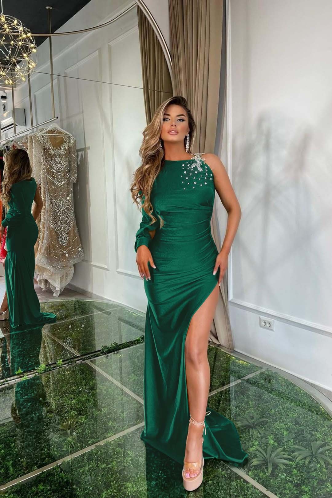 Green Satin With Split Prom Dress One Shoulder One Long Sleeve