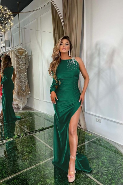 Green Satin With Split Prom Dress One Shoulder One Long Sleeve