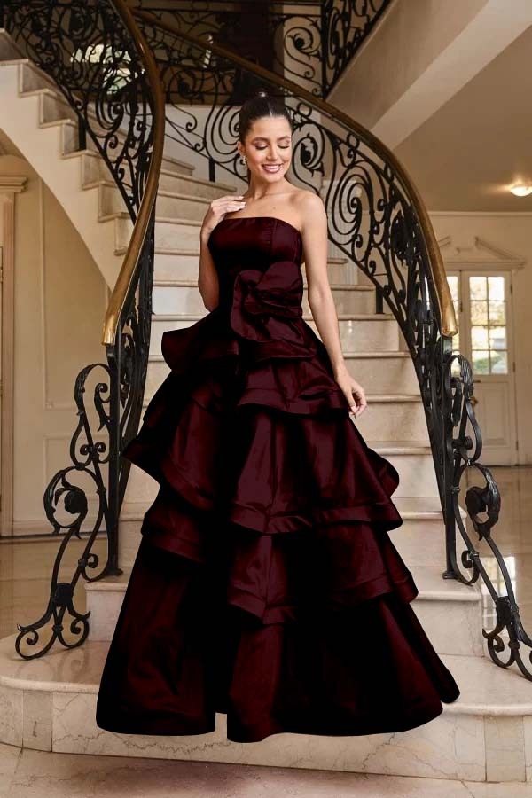 Chic Strapless Sleeveless Long Prom Dress With Pleated Ruffles