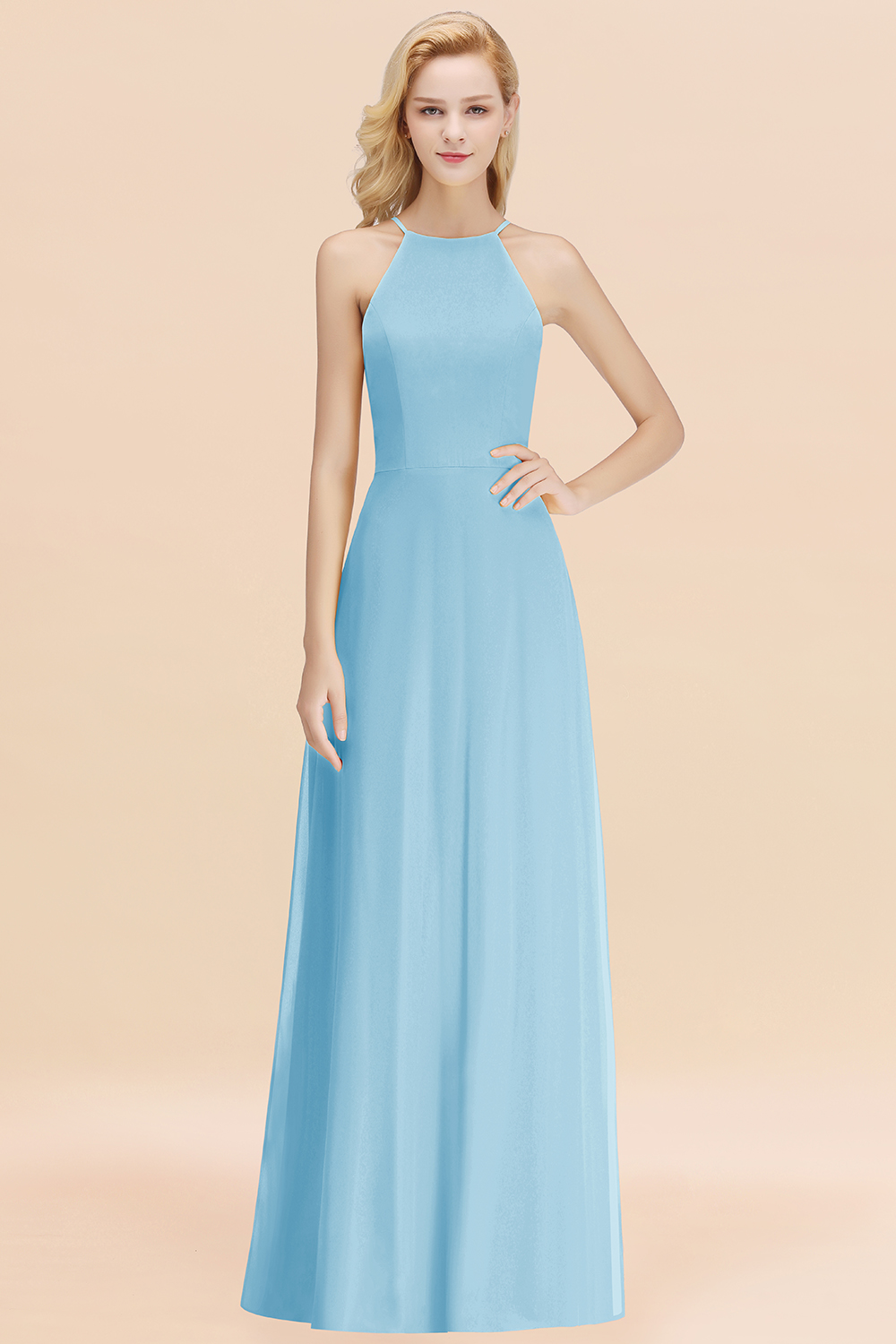 BMbridal Modest High-Neck Yellow Chiffon Affordable Bridesmaid Dresses Online-BMbridal