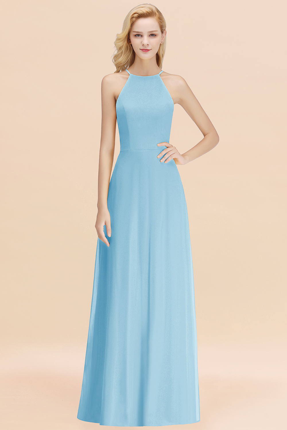 BMbridal Modest High-Neck Yellow Chiffon Affordable Bridesmaid Dresses Online-BMbridal