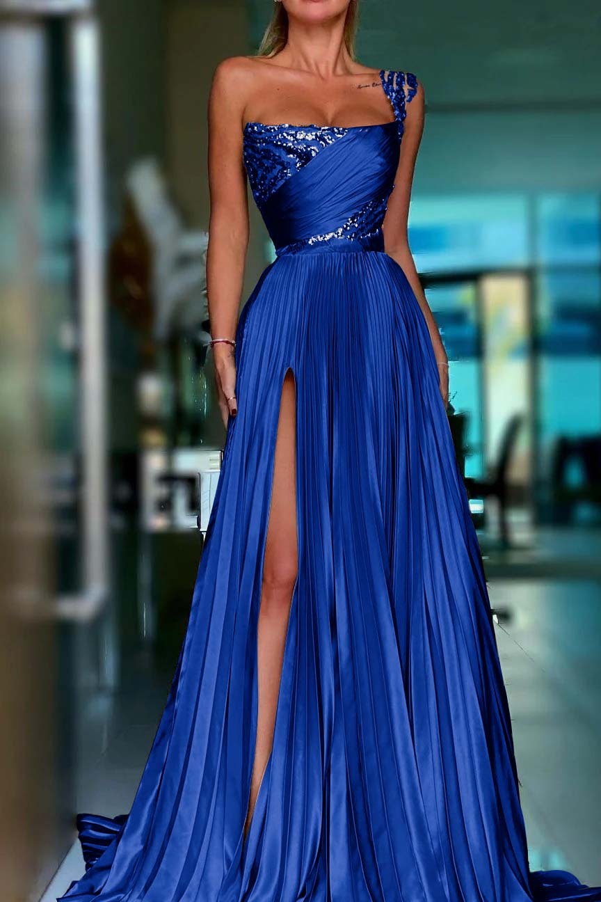 One Shoulder Sleeveless Long Prom Dress With High Split Sequins