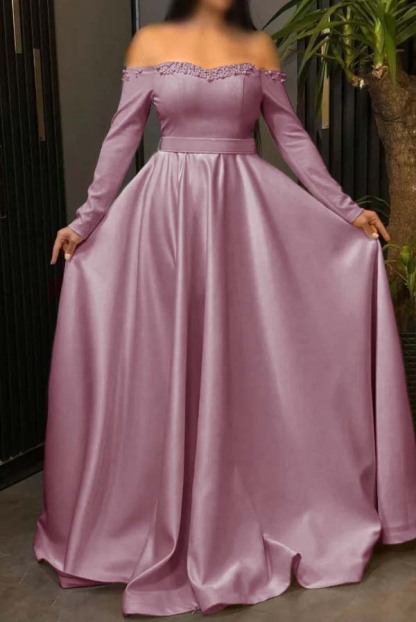 Off the Shoulder Long Sleeves Long Prom Dress With Pleated Beading