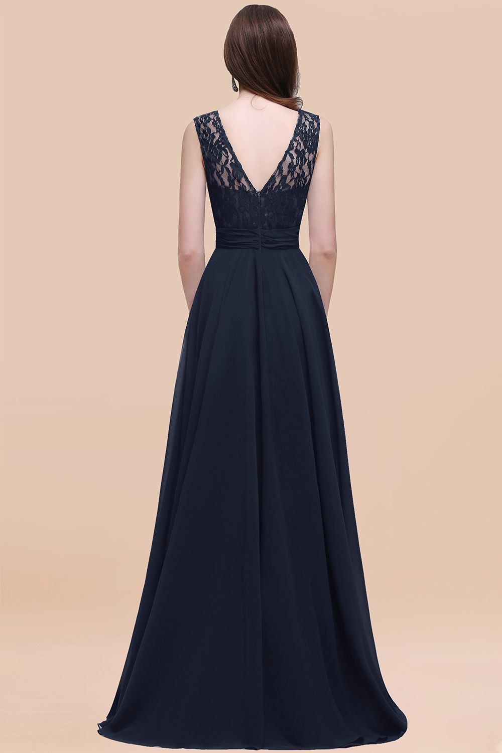 BMbridal Vintage Lace Scoop Sleeveless Dark Blue Bridesmaid Dress with V-Back-BMbridal