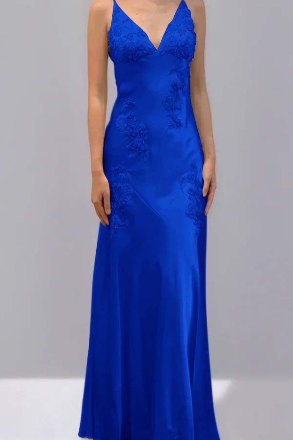 Spaghetti Strap V Neck Sleeveless Long Prom Dress With Appliques