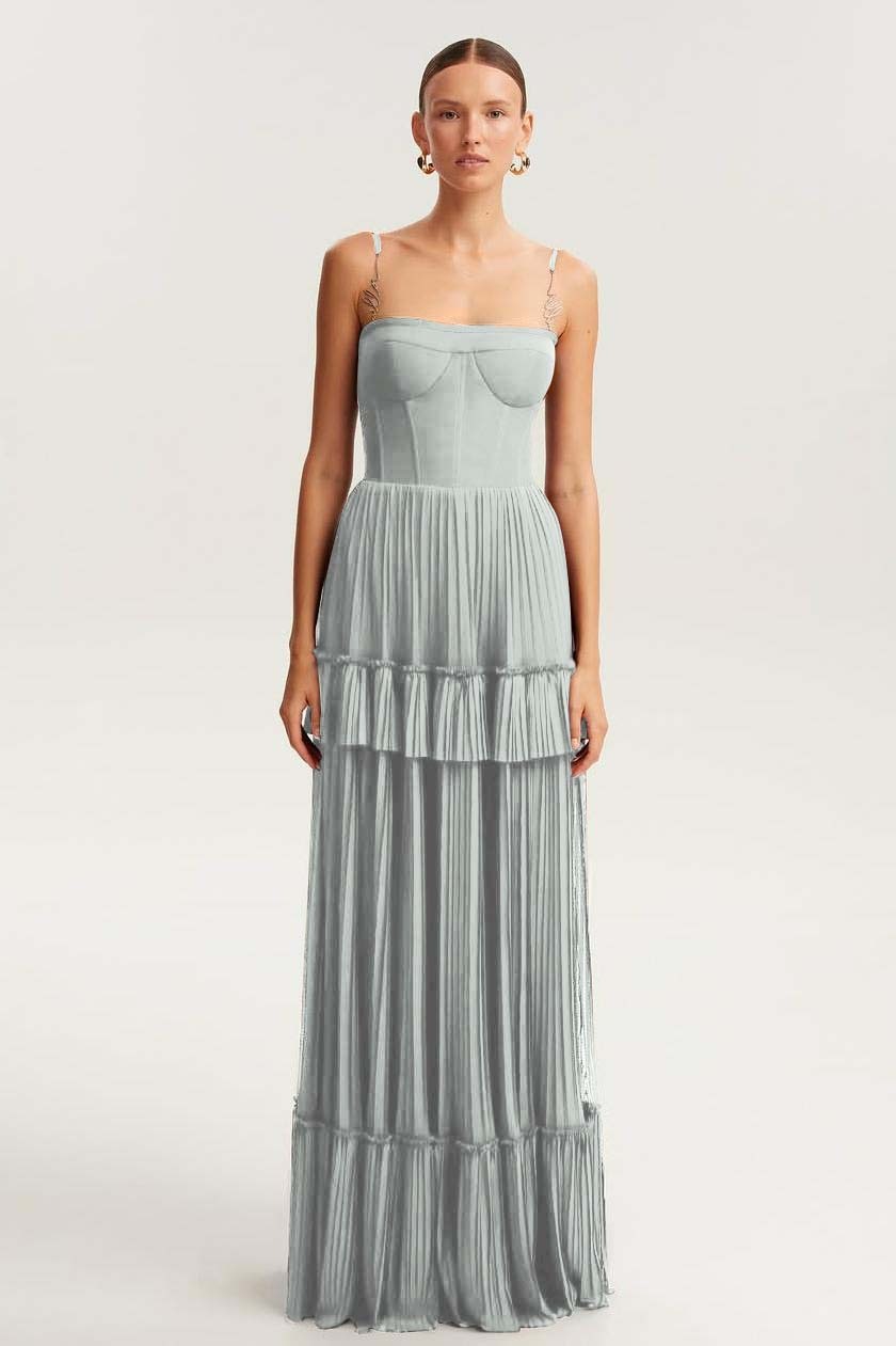 Spaghetti Strap Sleeveless Long Prom Dress With Ruffles