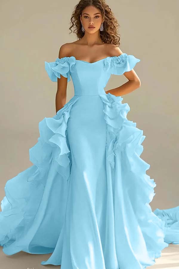 Off the Shoulder Sleeveless Long Mermaid Prom Dress With Ruffles