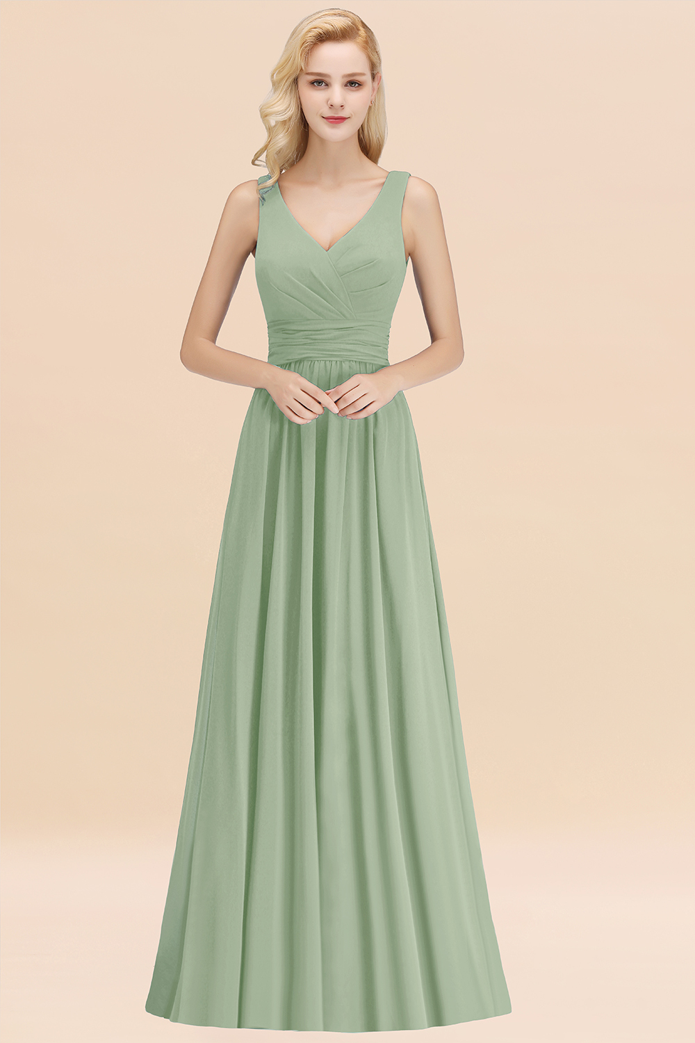 BMbridal Modest Sleeveless V-Neck Long Chiffon Bridesmaid Dress Online with Ruffle-BMbridal