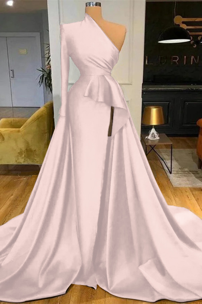 Mermaid Long Sleeve One Shoulder Dark Blue Long Prom Dress With High Split