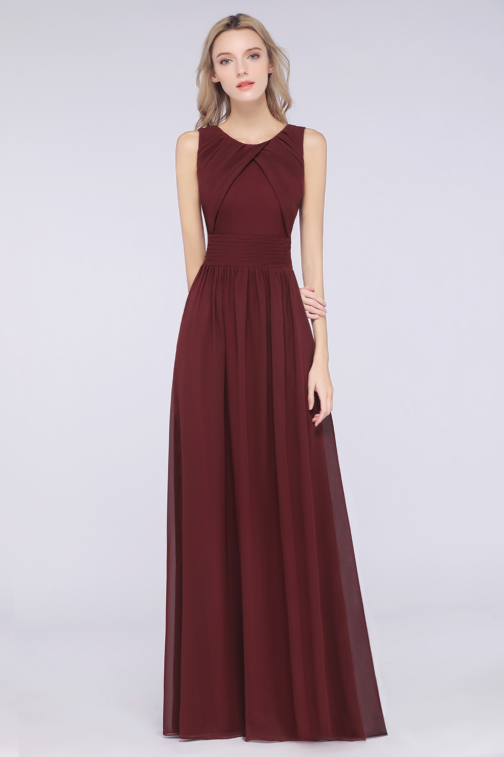BMbridal Modest Round-Neck Sleeveless Burgundy Bridesmaid Dresses with Ruffles-BMbridal