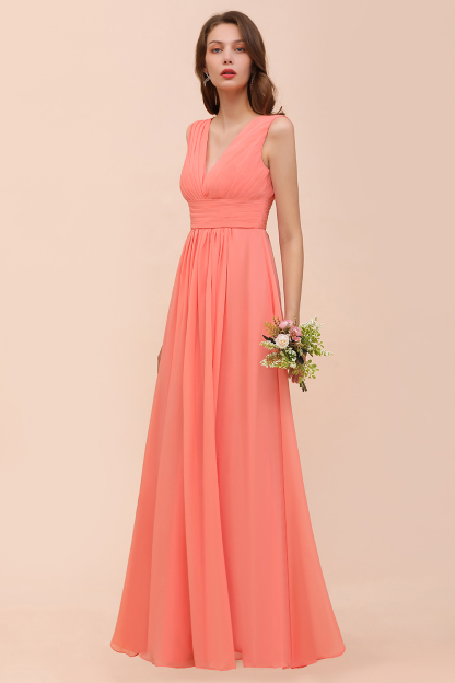 BMbridal Elegant V-Neck Ruffle Coral Chiffon Affordable Bridesmaid Dresses Online-BMbridal
