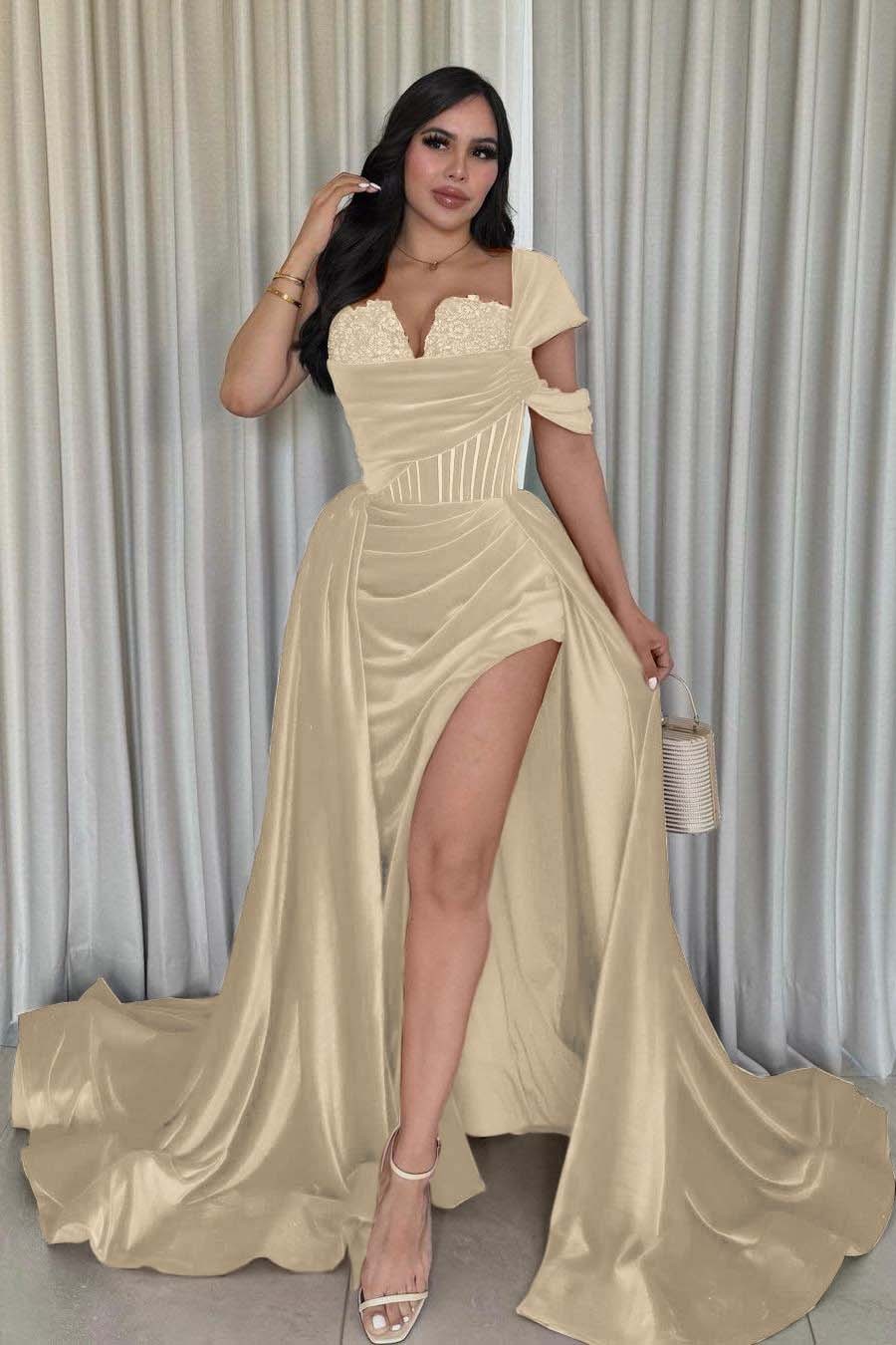 One Shoulder Sleeveless Long Mermaid Prom Dress With Split Pleated