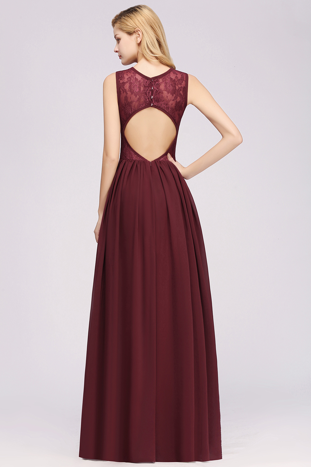 BMbridal Affordable Sleeveless Lace Pink Bridesmaid Dress With Hollowout Back-BMbridal