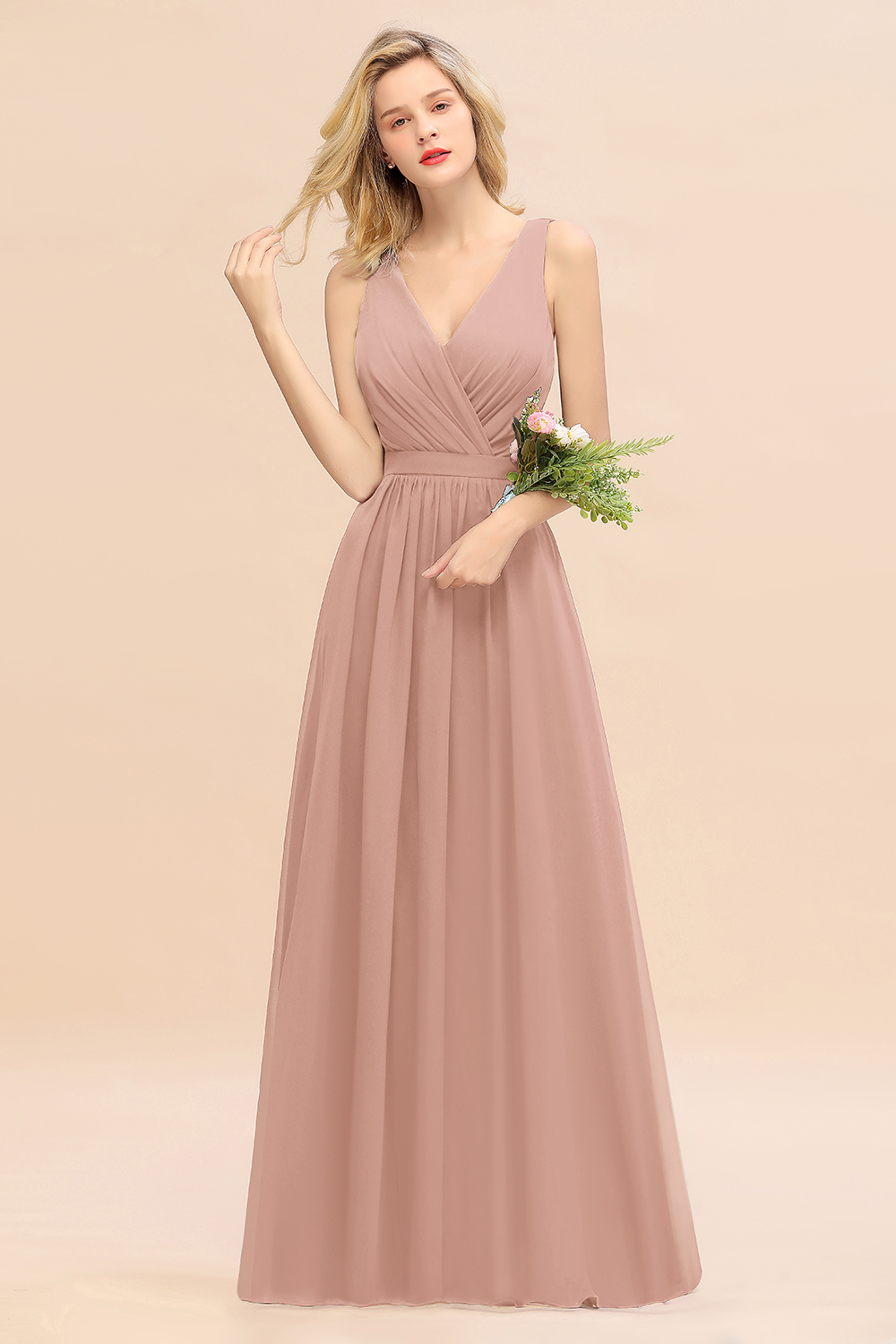 BMbridal Affordable V-Neck Ruffle Long Grape Chiffon Bridesmaid Dress with Bow-BMbridal