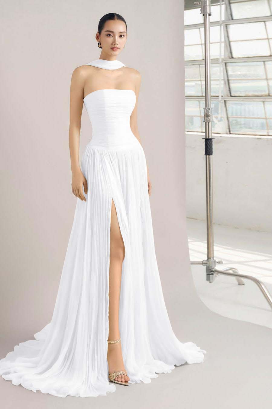 Strapless Sleeveless Long Split Prom Dress With Pleated Ruffles