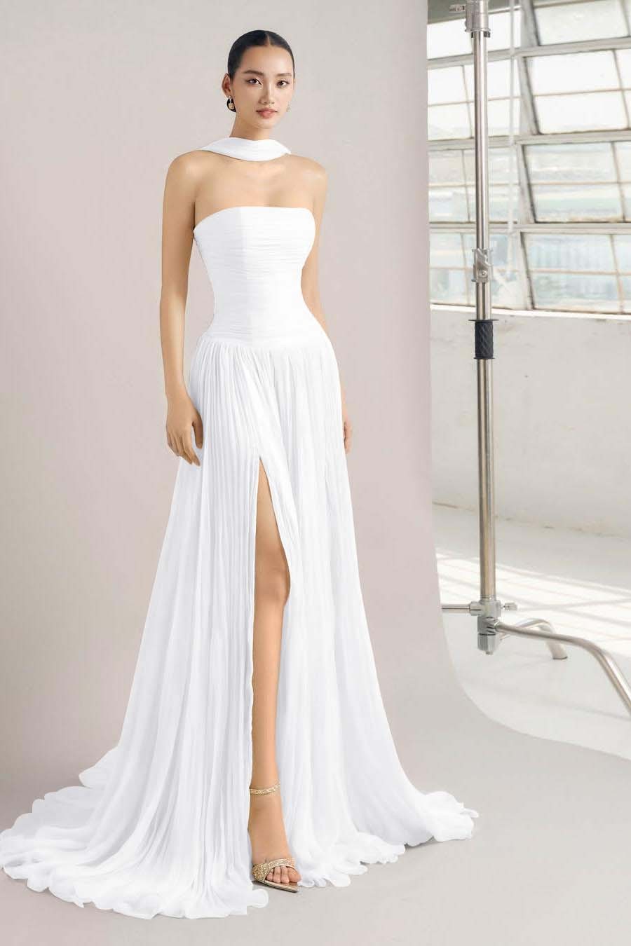 Strapless Sleeveless Long Split Prom Dress With Pleated Ruffles