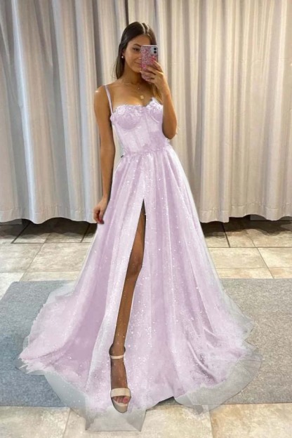 Spaghetti Strap Sleeveless Long Split Prom Dress With Sequins
