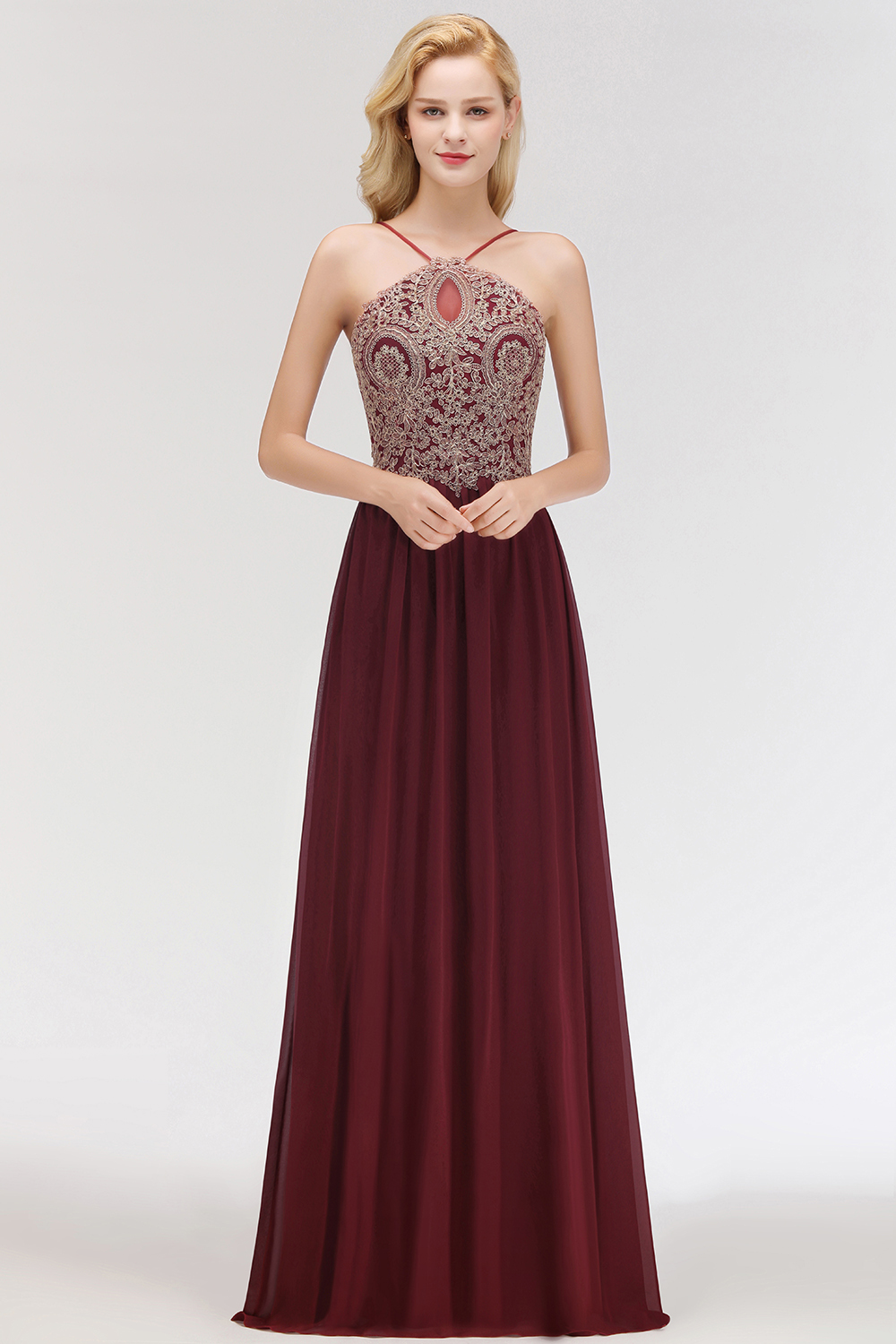 BMbridal Chic Spaghetti Straps Long Burgundy Backless Bridesmaid Dress with Appliques-BMbridal