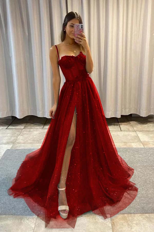 Spaghetti Strap Sleeveless Long Split Prom Dress With Sequins