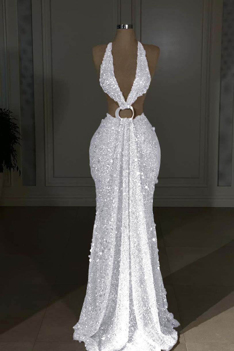 Halter Sleeveless Backless Long Mermaid Prom Dress With Sequins