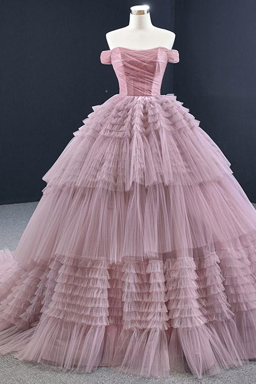 Lotus Off the Shoulder Ball Grown Prom Dress Tulle Layered Strapless On Sale
