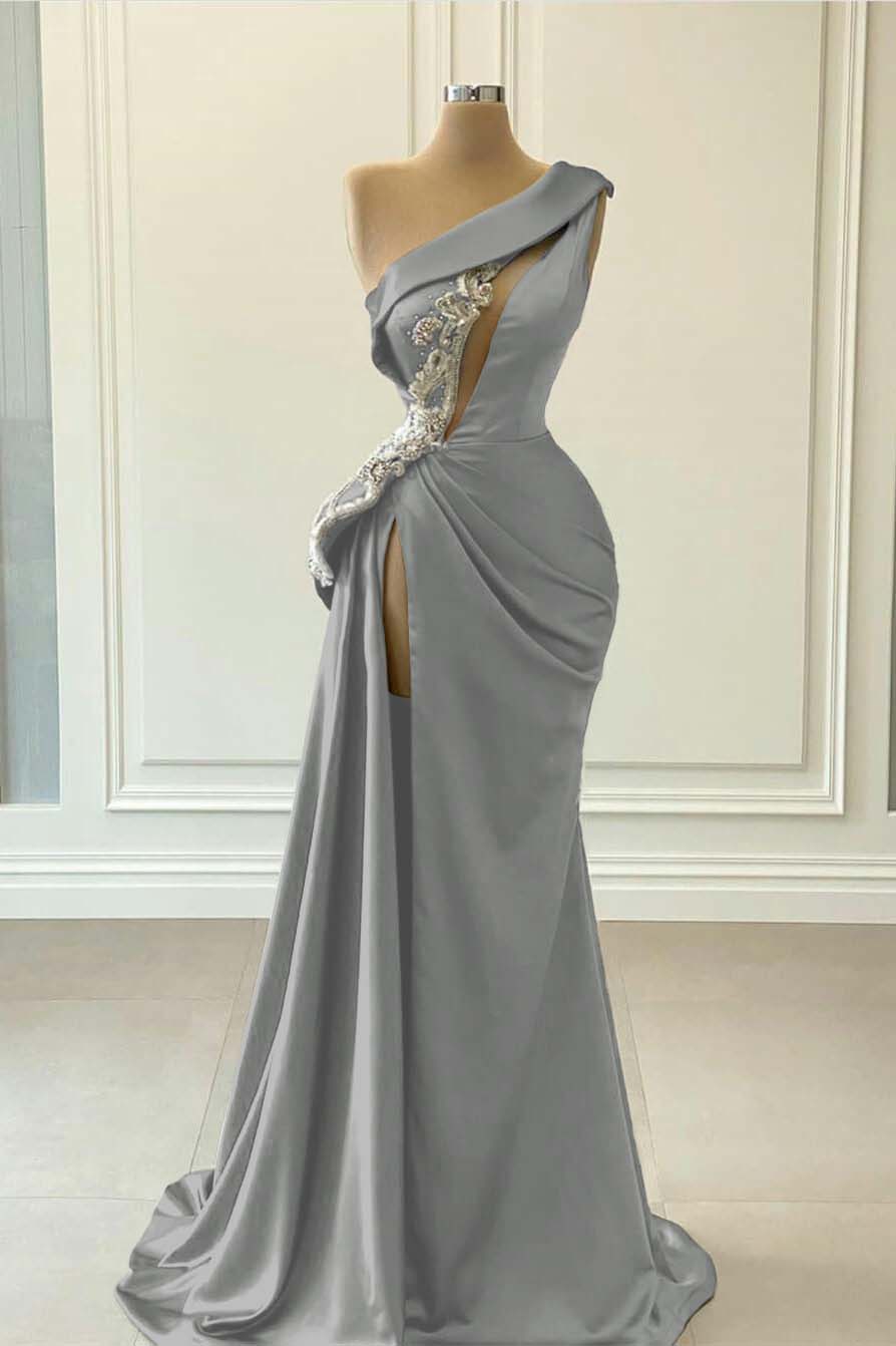 One Shoulder Sleeveless Blue High Split Long Mermaid Prom Dress With Beaded