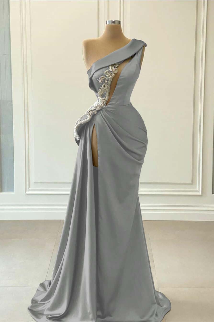 One Shoulder Sleeveless Blue High Split Long Mermaid Prom Dress With Beaded