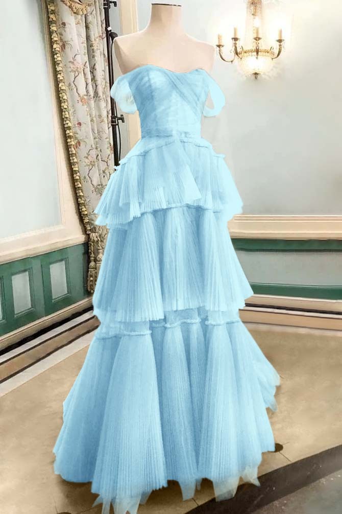 Strapless Off the Shoulder Sleeveless Long Prom Dress With Tulle