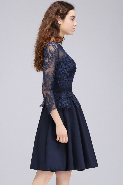 BMbridal Modest 3/4 Sleeves Short Navy Lace Bridesmaid Dresses with Appliques-BMbridal