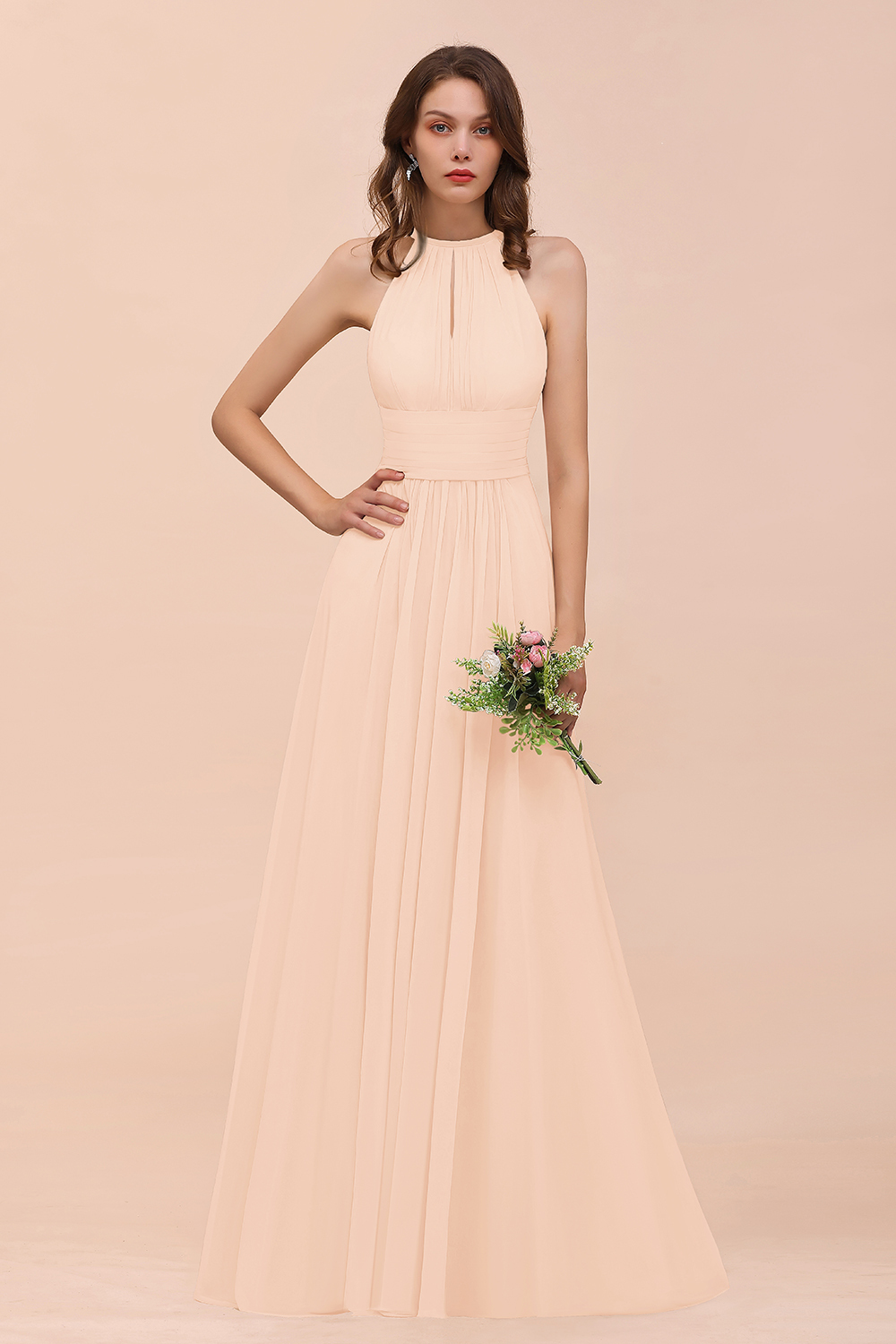 BMbridal Elegant Chiffon Jewel Ruffle Champagne Affordable Bridesmaid Dress Online-BMbridal