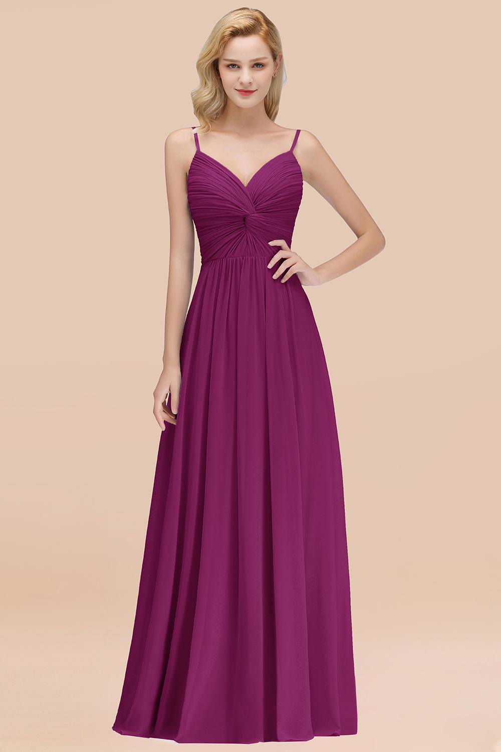 BMbridal Chic V-Neck Pleated Backless Bridesmaid Dresses with Spaghetti Straps-BMbridal