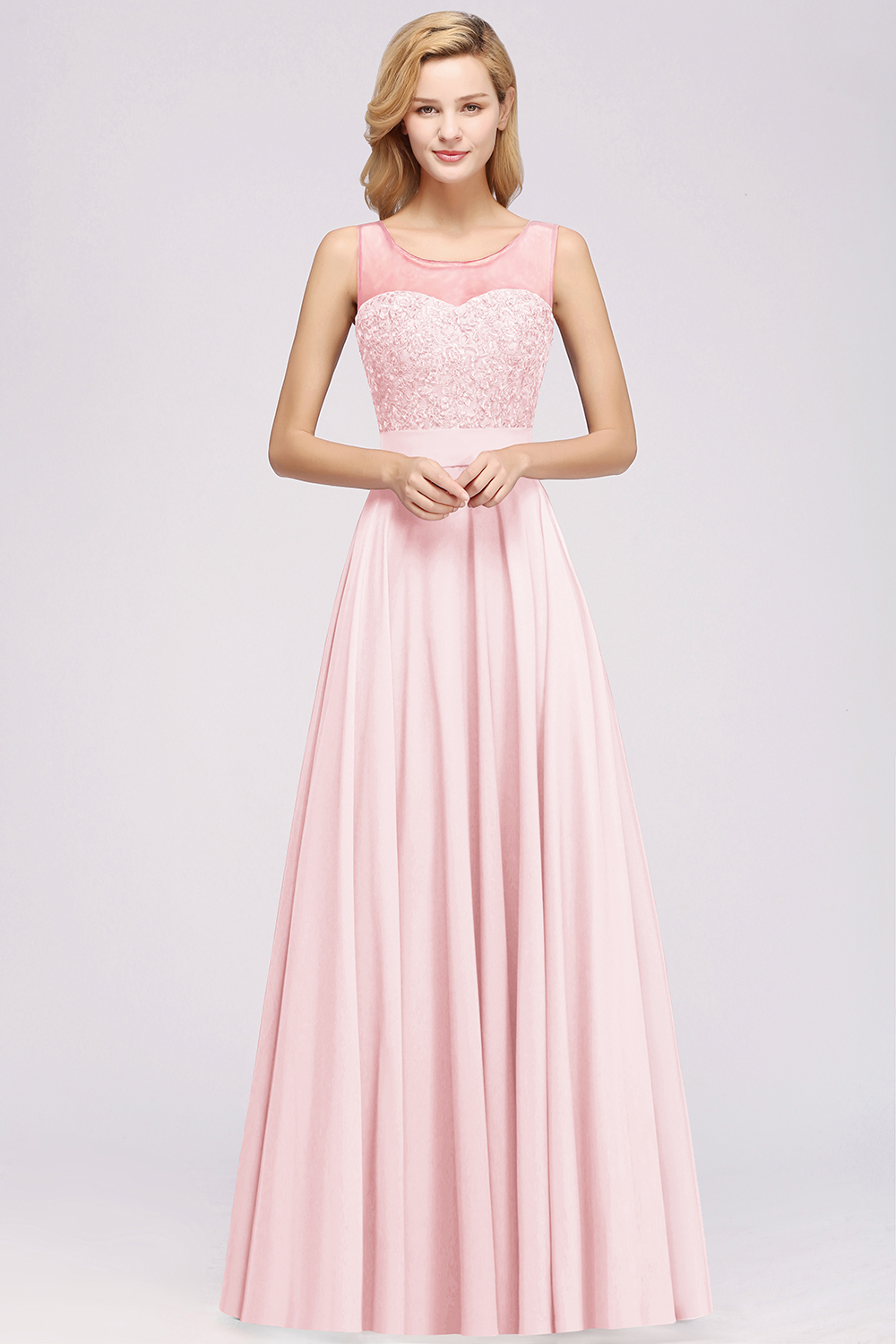 BMbridal Gorgeous Lace Jewel Affordable Pink Bridesmaid Dress with Beadings-BMbridal