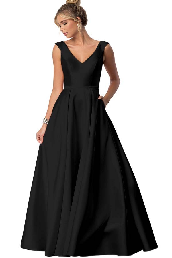 Straps V Neck Sleeveless Long Prom Dress With Pockets Pleated