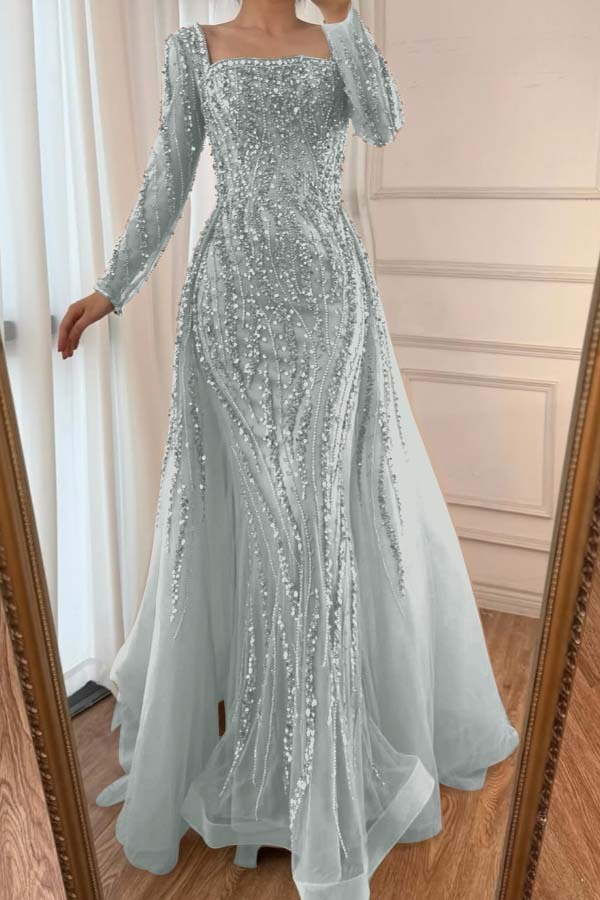 Square Neck Long Sleeves Long Mermaid Prom Dress With Beading Tulle