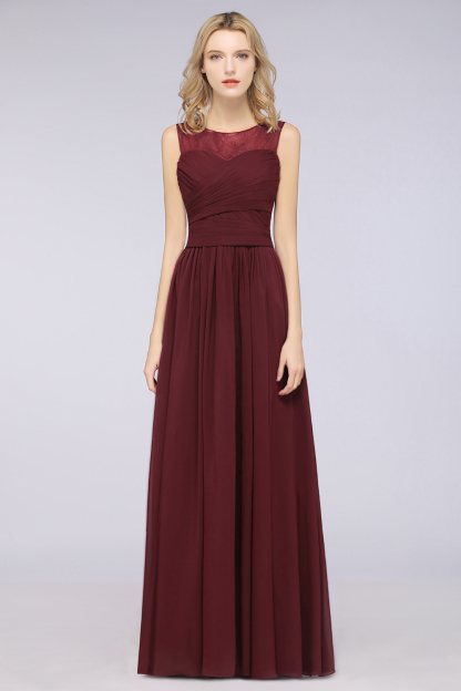 BMbridal Modest Chiffon Lace Scoop Ruffle Burgundy Bridesmaid Dresses Affordable-BMbridal