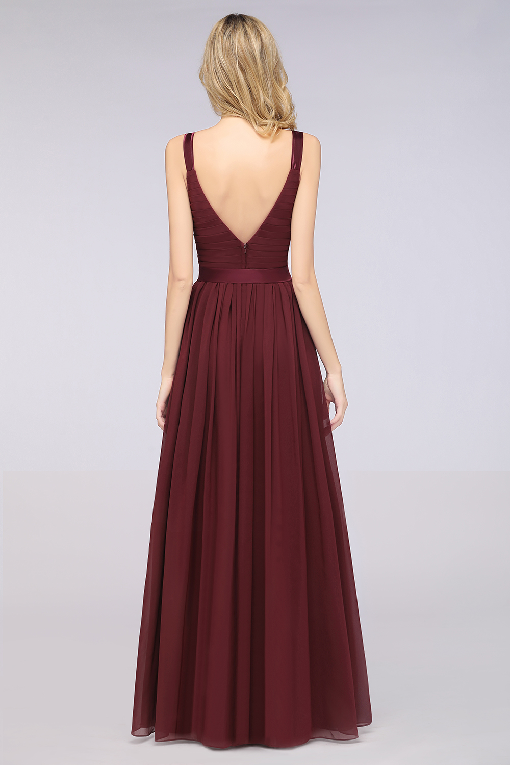 BMbridal Chic V-Neck Straps Ruffle Burgundy Bridesmaid Dresses with Bow Sash-BMbridal